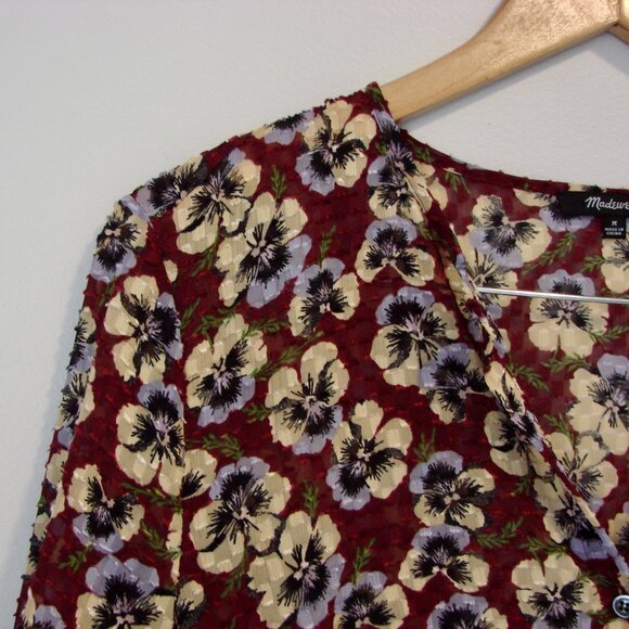 Madewell Pansy Print Blouse Viola Floral V-neck Wine Burgundy Size Medium - Picture 9 of 16